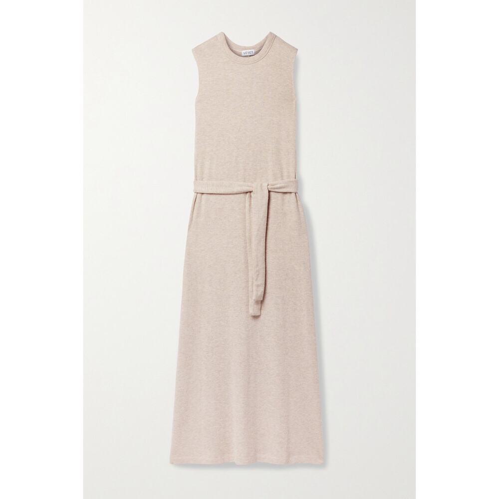 LESET Sleeveless Knit Belted Maxi Dress in Light Beige
